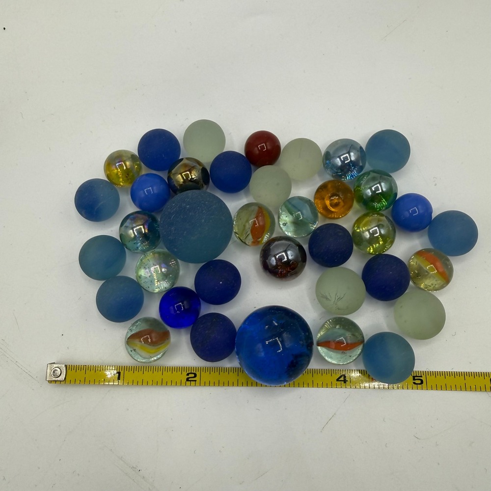 Vintage Glass Marbles Lot Mixed Sizes Blue Clear Cat Eye Shooters Frosted 37pc - Picture 7 of 10
